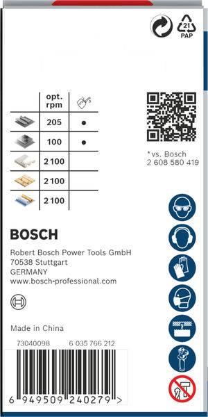'Bosch pilový list v obalu s opt. otáčkami: 205, 100, 2100. Vyrobeno v Číně. Obsahuje QR kód a kontaktní informace.'