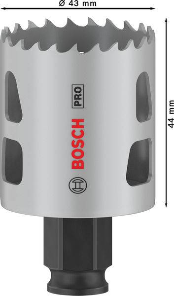 Děrovka, stříbrná, Ø 43 mm, výška 44 mm, s ostrými zuby a bočními otvory. Značka 'Bosch' v červené, 'Pro' v černé.