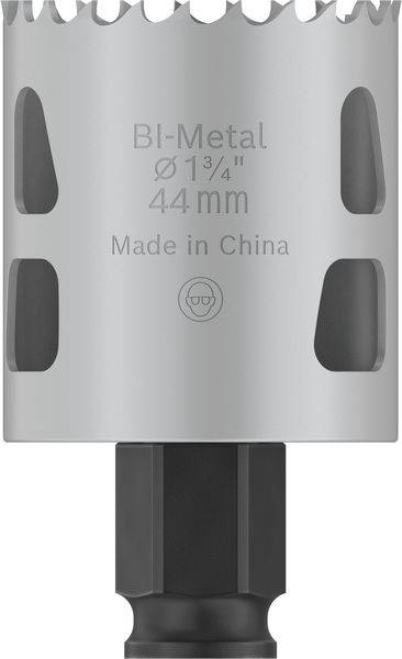 Vrtací koruna z bimateriálu, průměr 44 mm, vyrobená v Číně. Horní okraj s pilovitým řezným povrchem.