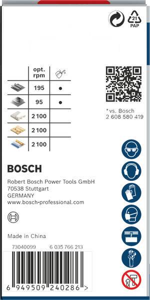 Obal na pilové listy Bosch s možnostmi rychlosti a kontaktními informacemi. Obsahuje QR kód a symboly recyklace.