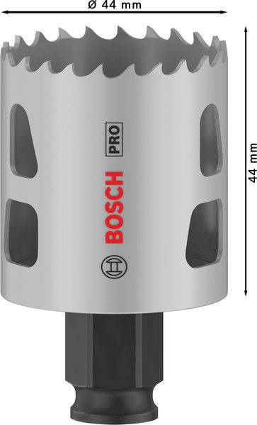 Kovový nůž s ozubeným ostřím. Nápis 'BOSCH' v červené barvě. Rozměry: průměr 44 mm, výška 44 mm.