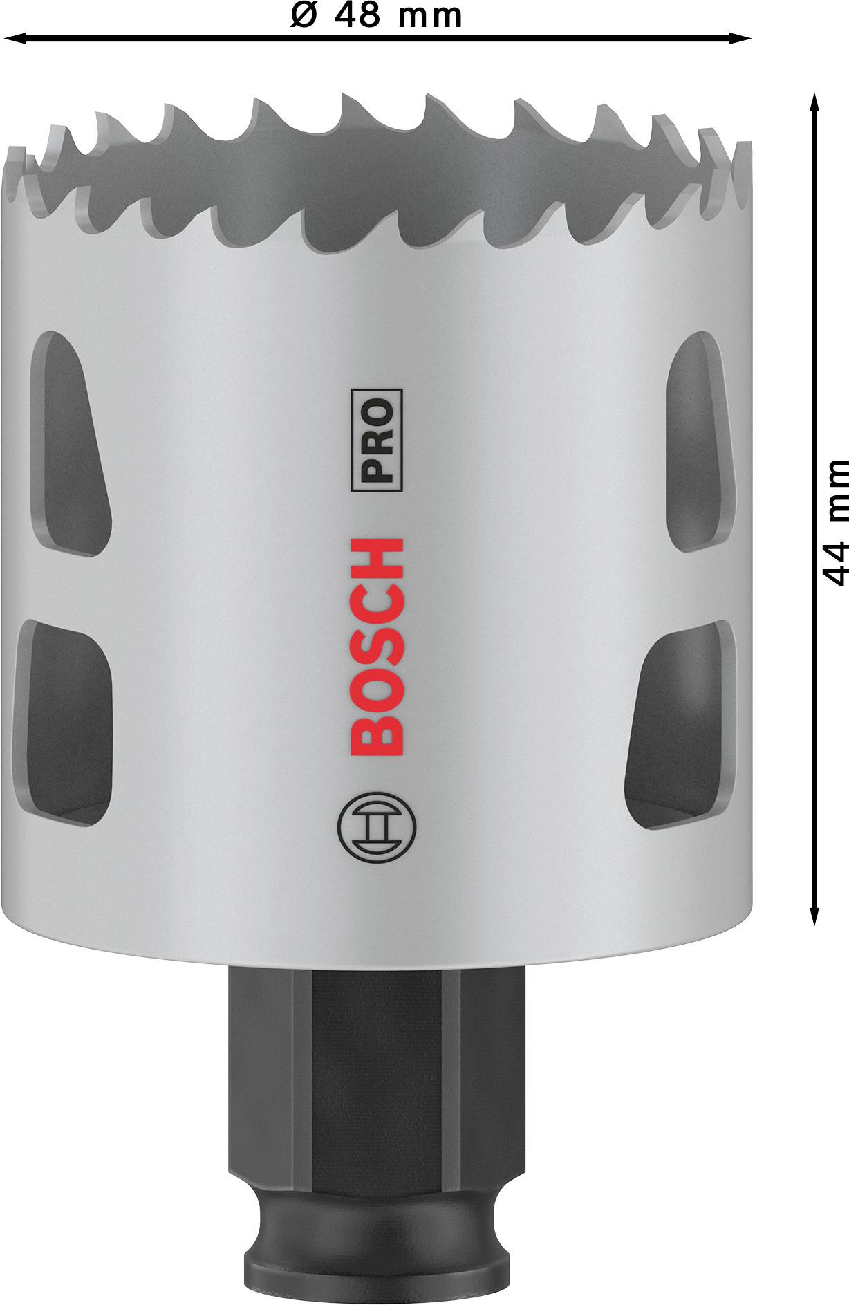 Kovová děrovka 'Bosch Pro', průměr 48 mm, délka 44 mm, vhodná pro vrtání do kovových povrchů.
