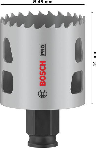 Kovová děrová pila od Bosche s průměrem 48 mm a délkou 44 mm, vhodná pro profesionální použití.