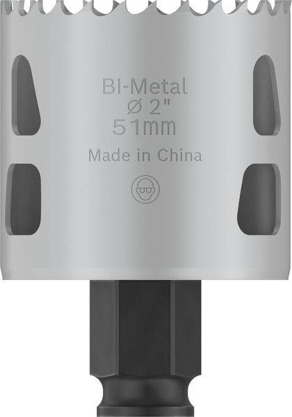 Vrtací koruna, stříbrné barvy, s nápisem 'Bi-Metal Ø 2" 51mm Vyrobeno v Číně'. Určená k vrtání otvorů do různých materiálů.