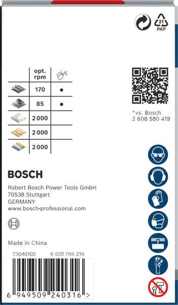 Štítek na obalu nástroje s logem Bosch a kontaktními údaji. Jsou zobrazeny symboly údržby a QR kód.