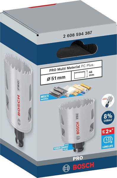 Balení děrovací pily od Bosche s nápisem 'PRO Multi Material', průměr 51 mm, 8% kobalta pro vysokou trvanlivost.