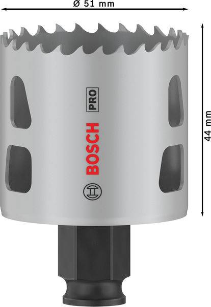 Kovová děrovací pila od Bosche, průměr 51 mm, výška 44 mm. Šedé barvy s červeným logem značky, vhodná pro přesné vrtání.