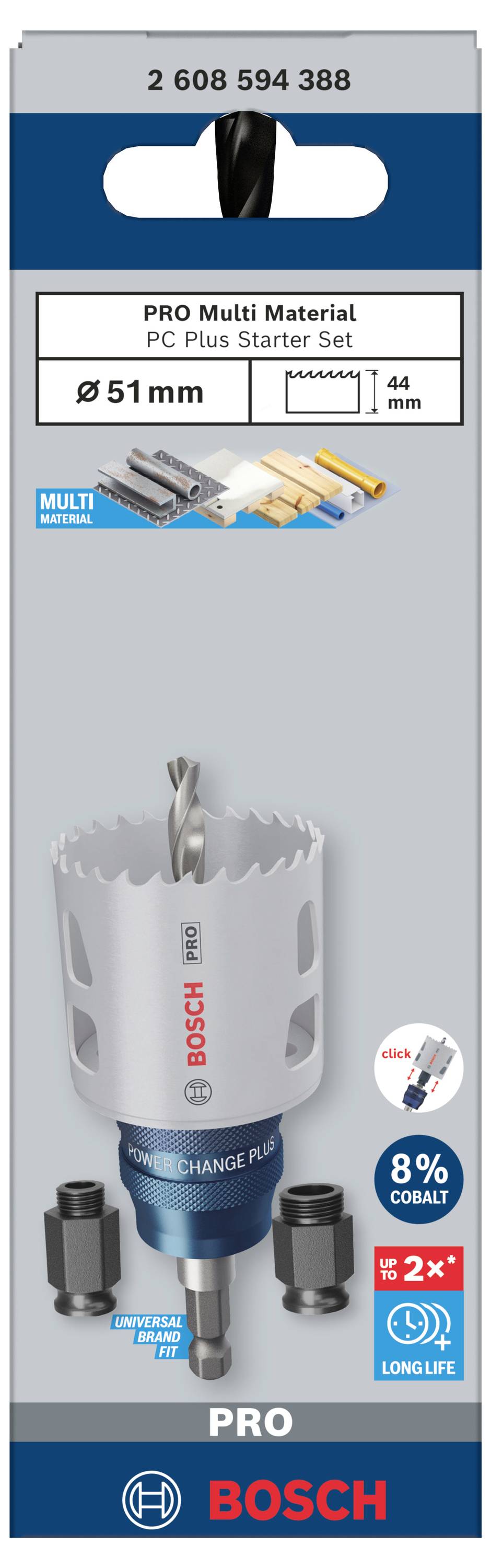 Obal sady 'Bosch Pro Multi Material PC Plus Starter Set' s zobrazením děrovací pily, adaptéru a příslušenství. Velikost: 51 mm.