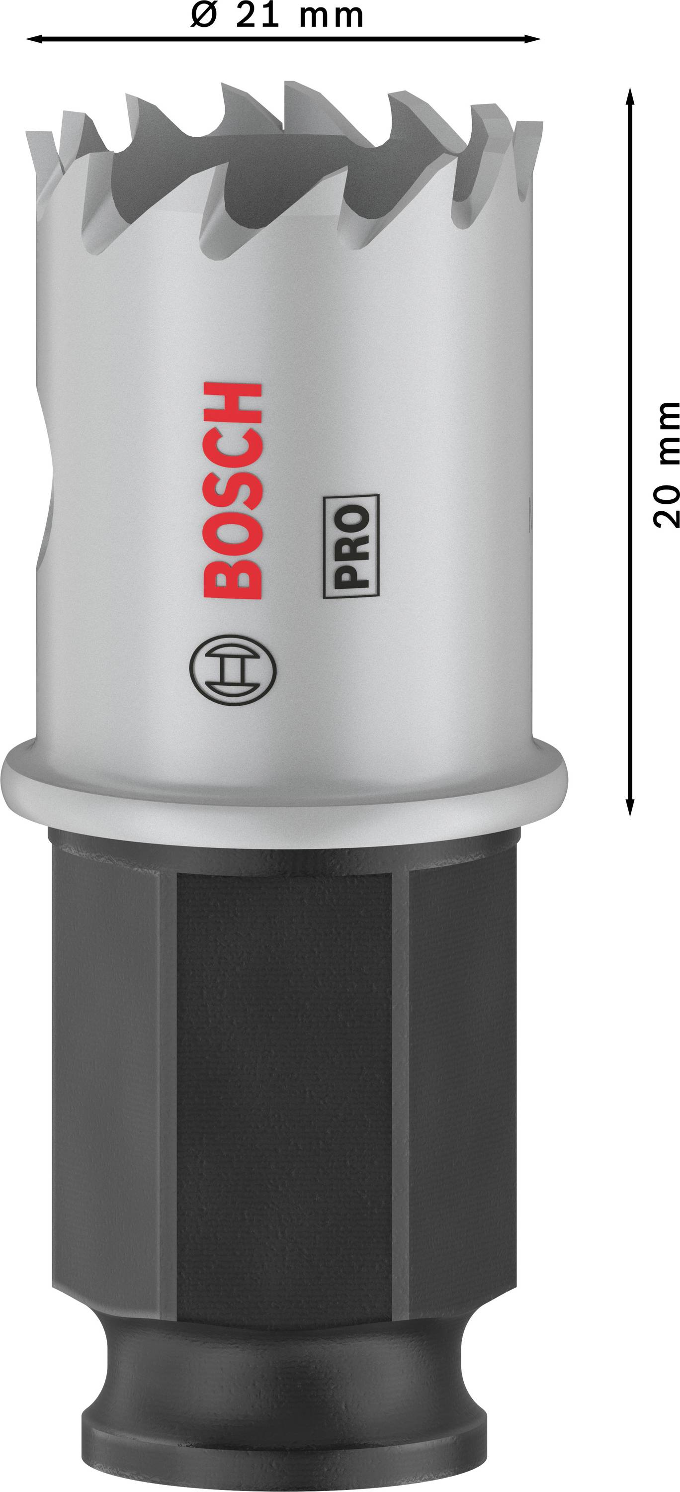 Děrovací vrták Bosch s průměrem 21 mm a délkou 20 mm, vhodný pro profesionální použití a různé materiály.