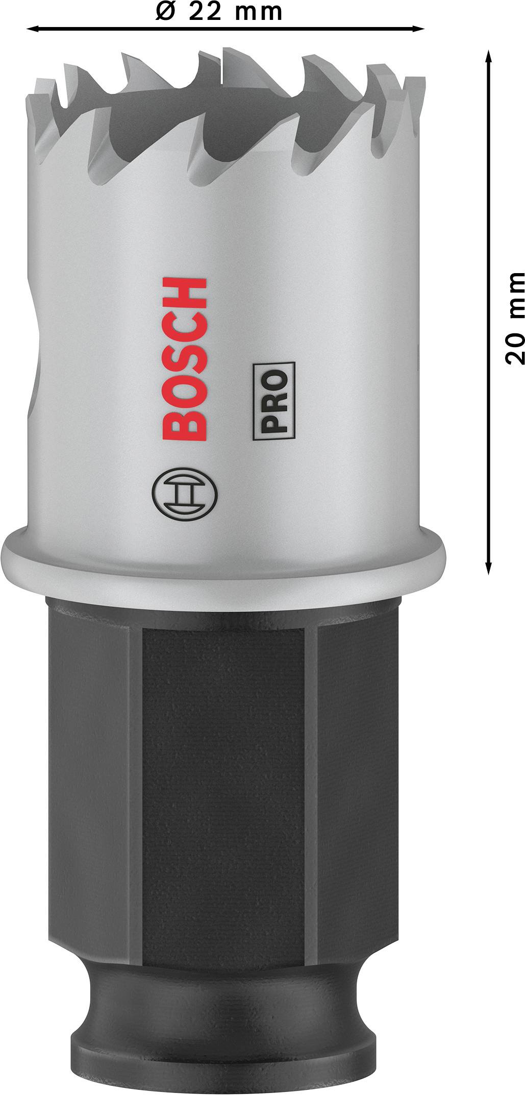 Vrtací korunka s děrovací pilou o průměru 22 mm a výšce 20 mm. Vhodná pro přesné vrtání, značka a Pro-symbol viditelné.