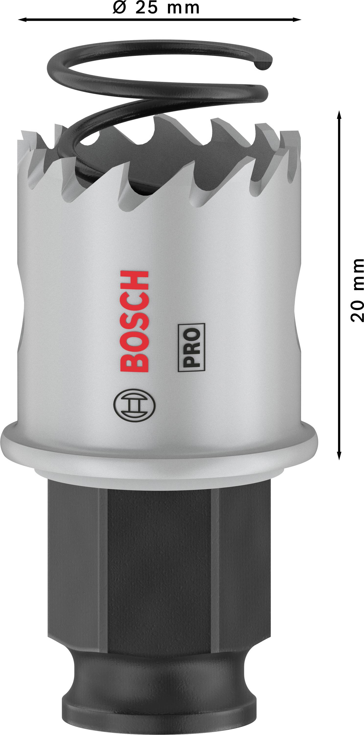 Děrovací pila Bosch s průměrem 25 mm a výškou 20 mm, vhodná pro profesionální použití.