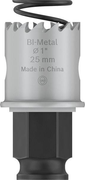 Vrták z bi-kovu, průměr 25 mm, s horní spirálovou pružinou. Nápis: 'Bi-Metal Ø 1'' 25 mm Made in China'.