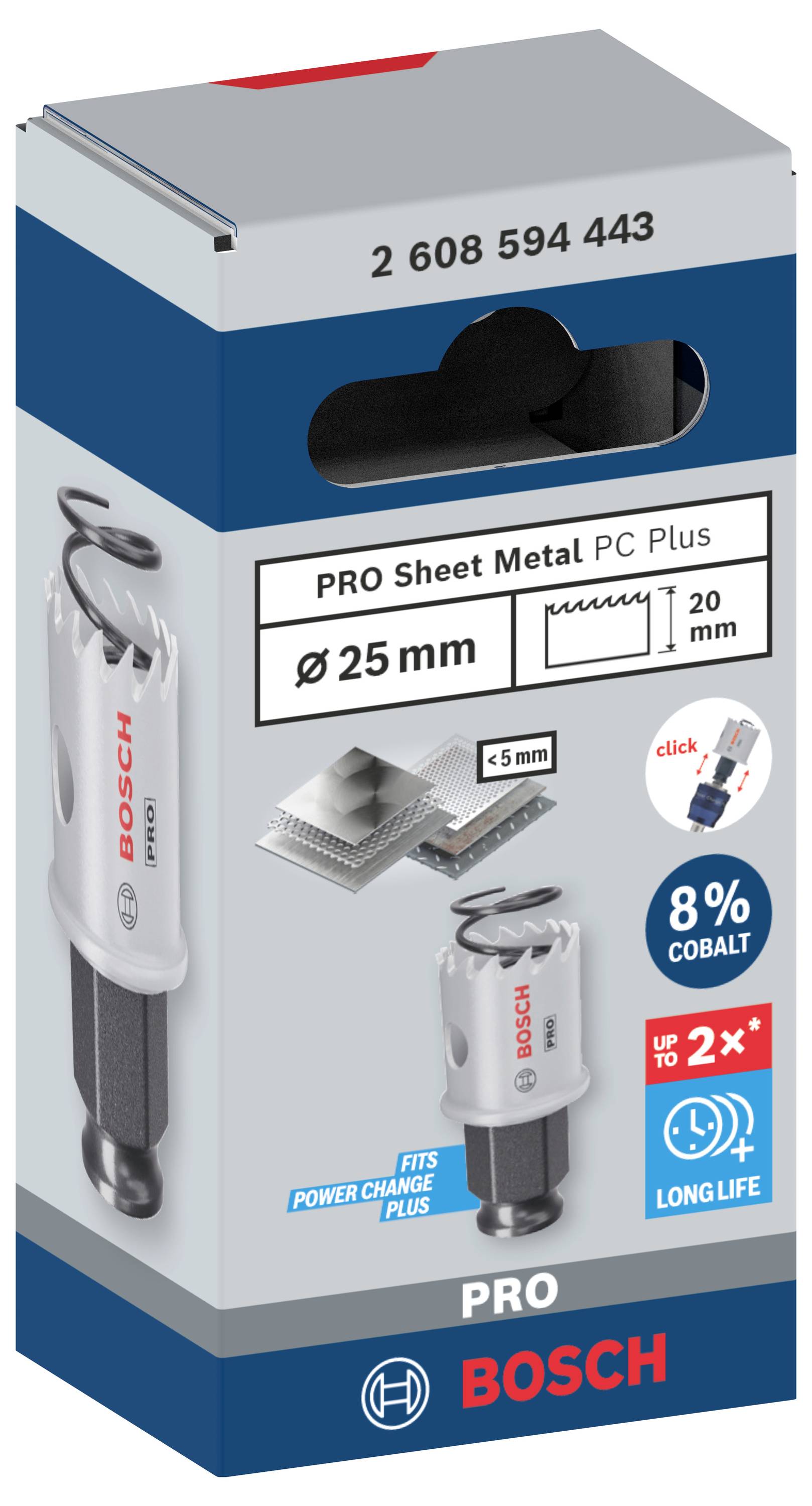 Balení děrovací pily na kov značky Bosch, průměr 25 mm, materiál: 8% kobalt, dlouhodobě odolná, kompatibilní se systémem 'Power Change Plus'.