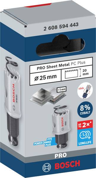 Obal pilové vykružovací pily Bosch PRO s bimetalovým ostřím. Údaje: průměr 25 mm, s 8% podílem kobaltu, až 2x delší životnost.