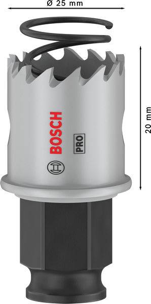Děrovací pila od Bosche, průměr 25 mm, hloubka 20 mm. Primárně vhodná pro přesné řezání otvorů v kovu a dřevě.