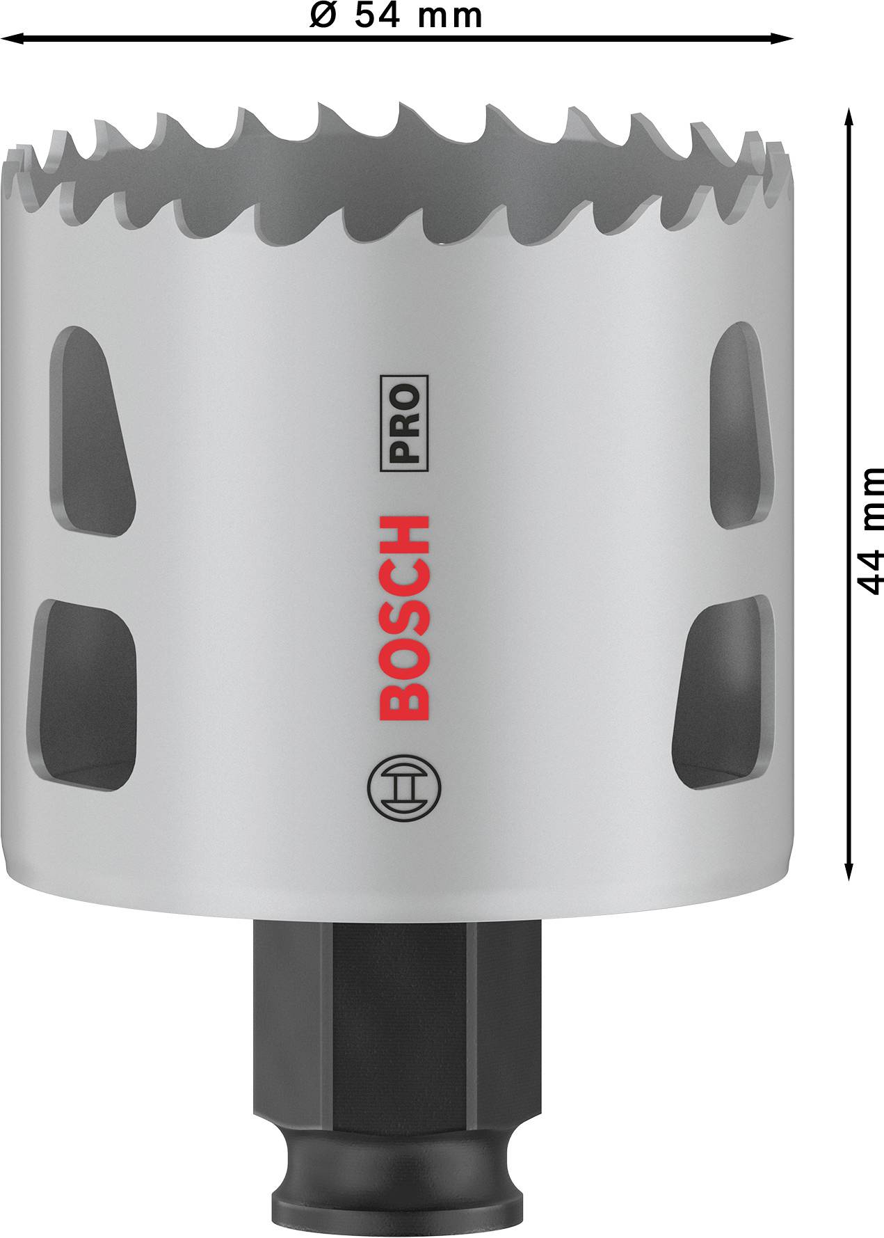 Korunka Bosch s průměrem 54 mm, hloubka 44 mm; vhodná pro přesné vrtání do kovu a dřeva, s robustním designem.