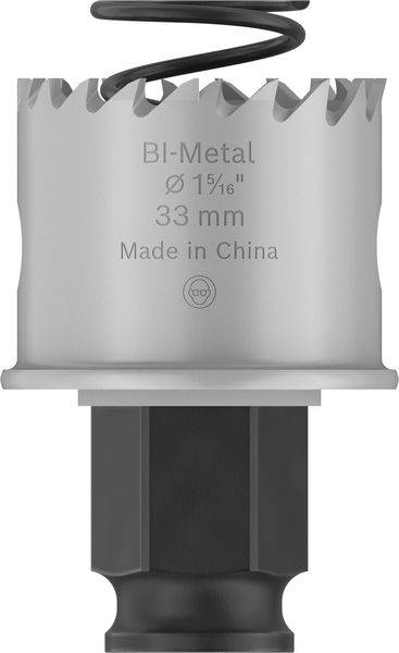 Víceúčelová bimetalová děrovka s průměrem 33 mm, spirálovitým hrotem. Text: 'BI-Metal Ø 1 5/16" 33 mm Vyrobeno v Číně'.
