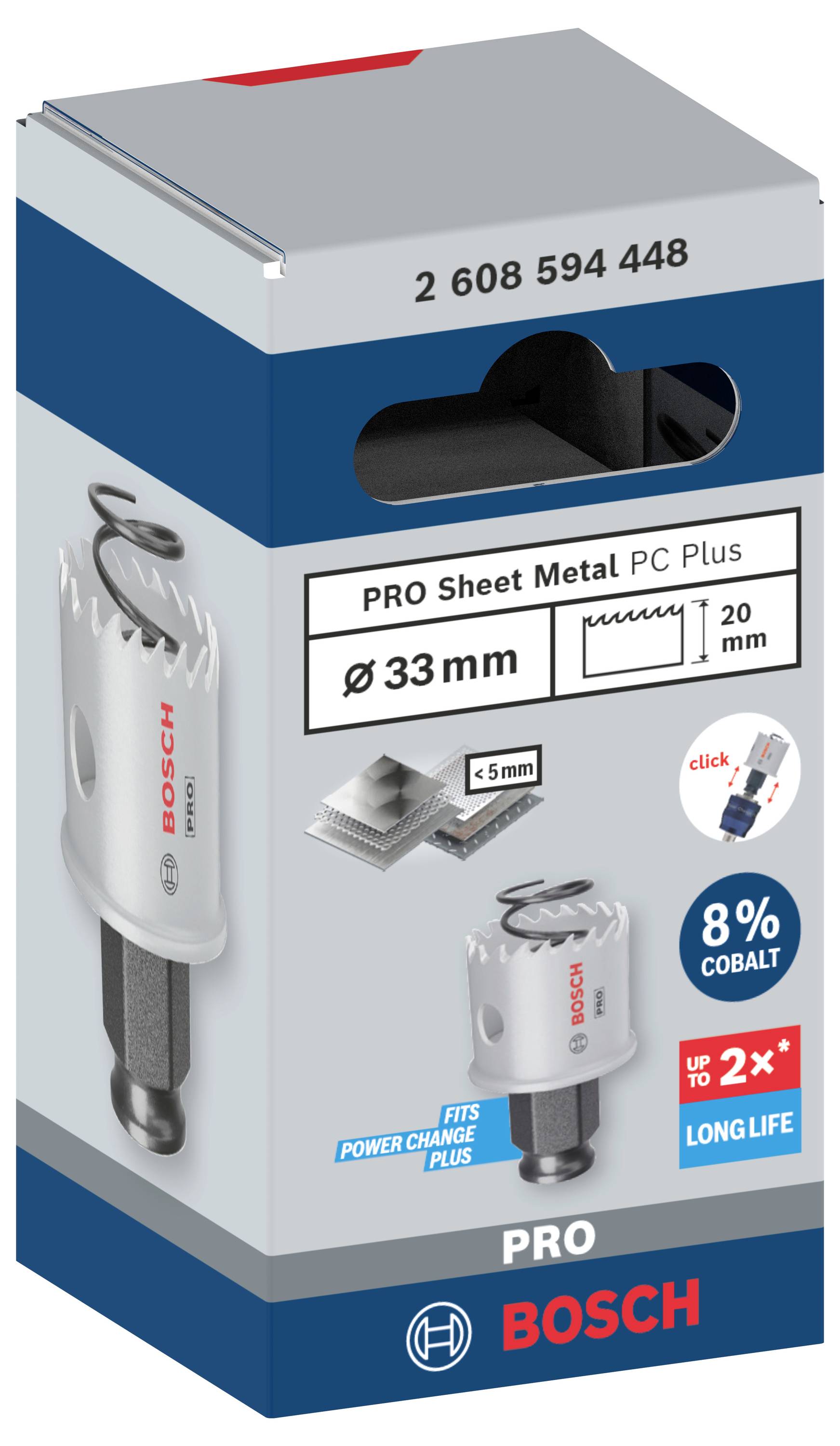 Balení Bosch Pro děrovací pily na plech, průměr 33 mm, s adaptérem Power-Change Plus. Důraz na dlouhou životnost a 8% podíl kobaltu.