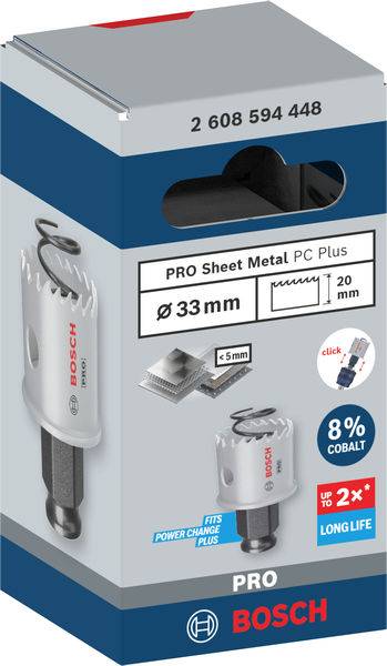 Bosch profesionální děrovka pro plech, Ø 33 mm, hloubka 20 mm, 8% kobalt, vhodná pro systémy Power Change, trvanlivost až 2x delší.