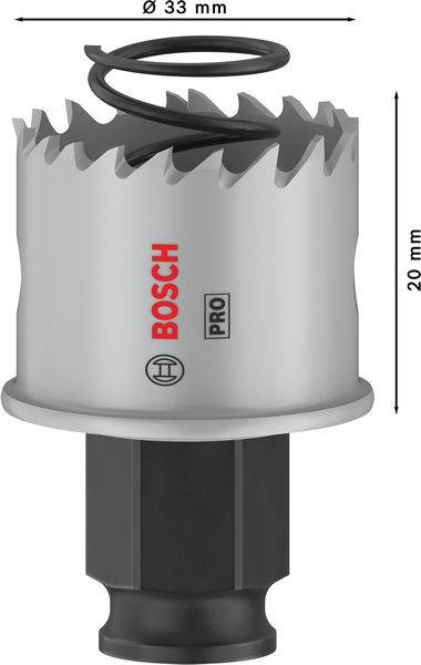 Kovová vrtací koruna s ostrými zuby a pružinovou spirálou, průměr 33 mm, délka 20 mm, s logem 'BOSCH PRO'.