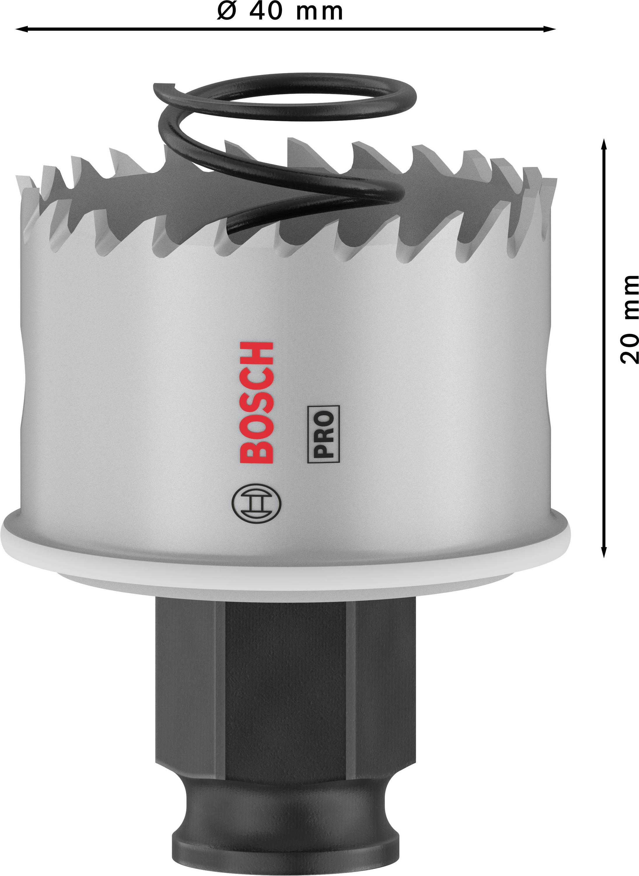 Vrtací korunka od Bosch, průměr 40 mm, výška 20 mm, šedá barva s černým dříkem a červeným logem Bosch.