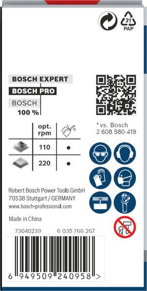 'Bosch Expert' zadní strana obalu s QR kódem. Údaje: 100% Bosch, optimální otáčky 110-220. Kontaktní a bezpečnostní symboly. Vyrobeno v Číně.