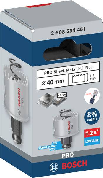 Balení Bosch děrovací pily na kov, Ø 40 mm. Obsahuje pilový list kompatibilní se systémem Power Change Plus, s vyšší trvanlivostí díky 8% kobaltu.