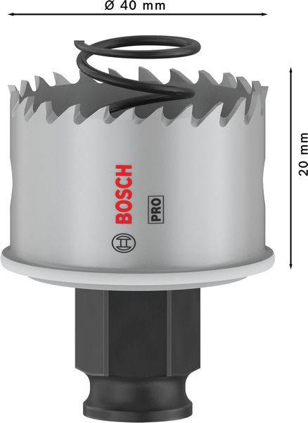 Vrtací koruna Bosch, 'Ø 40 mm', '20 mm', šedé kovové zuby, černý držák, potištěno logem značky, vhodné pro profesionální použití.