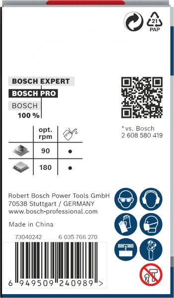 Štítek 'Bosch Expert Bosch Pro' s QR kódem, optimálním momentem 90, symbolem 180 stupňů, výrobními informacemi a bezpečnostními ikonami.