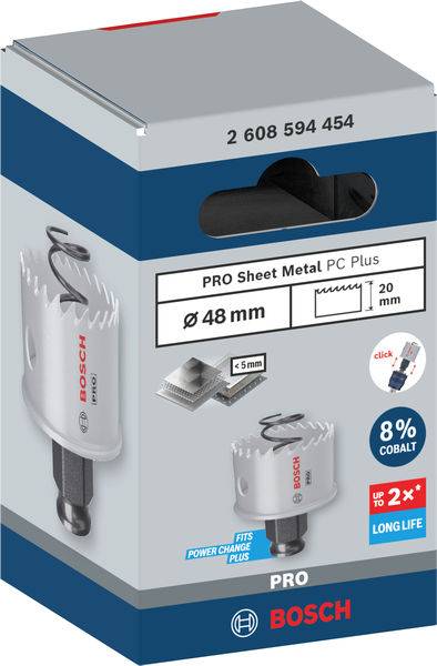 Vrtací korunka Bosch pro kov, průměr 48 mm, 8% kobalt, vhodná pro tenké kovové plechy. Balení s vyobrazením produktu.