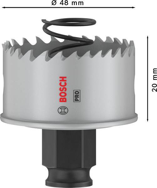 Děrovka o průměru 48 mm a hloubce 20 mm. Spirálový vrták umístěný ve středu, značka Bosch, vhodný pro přesné vrtání.