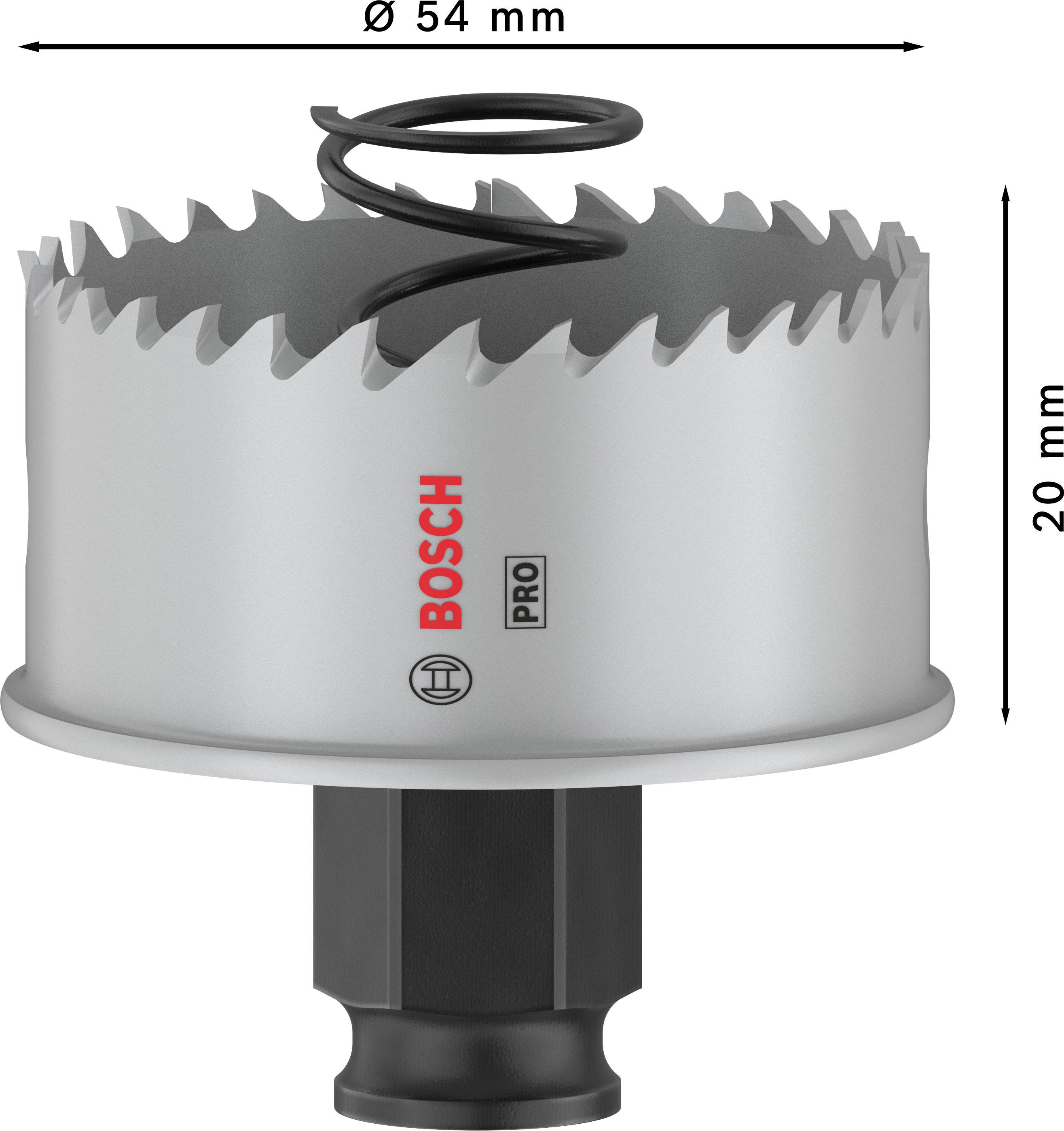 Děrovka od Bosch s průměrem 54 mm a výškou 20 mm. Má zubatý okraj a je opatřena kovovou pružinou.