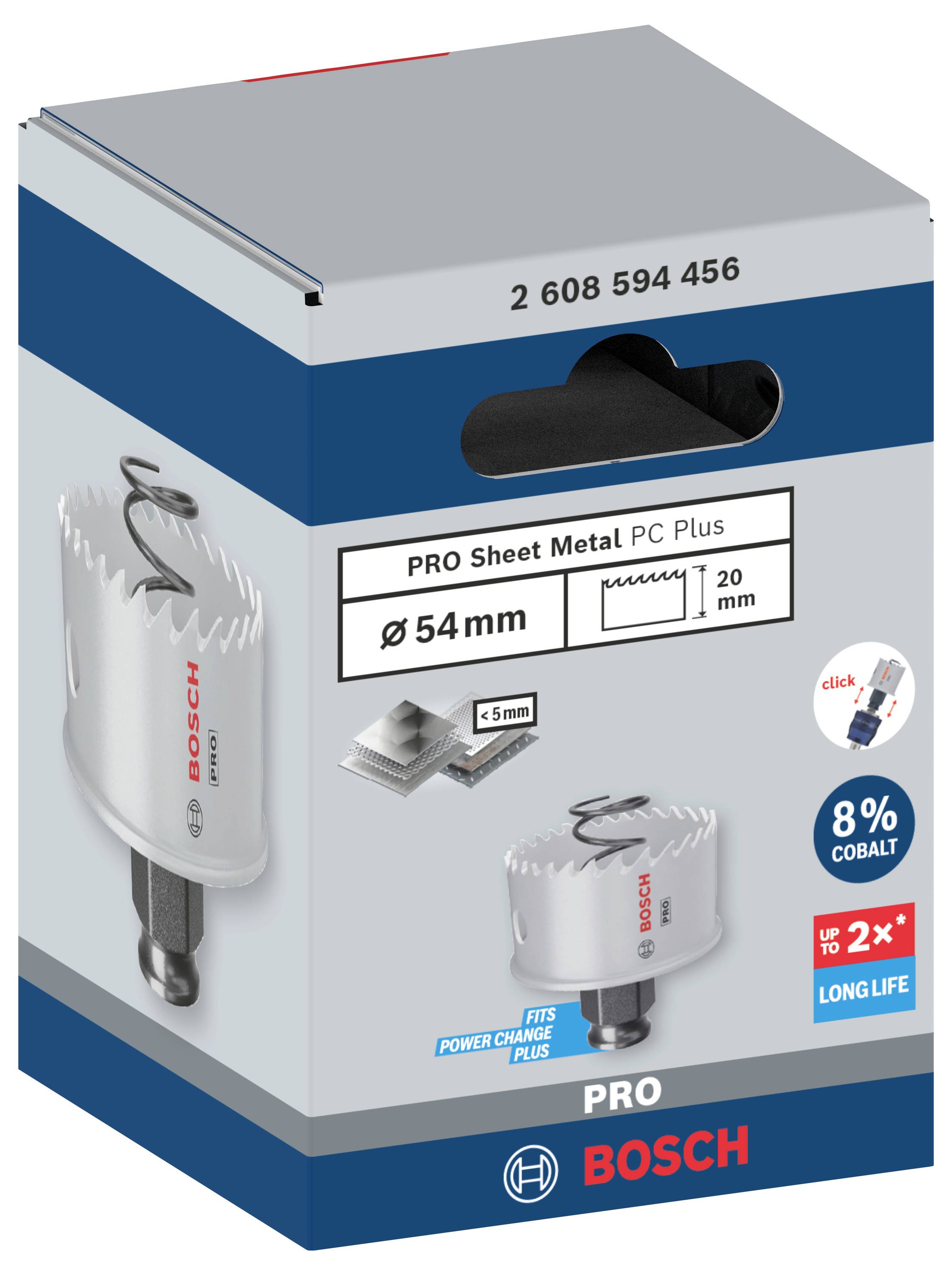 Vrtací sada s 54mm nástavcem pro plech a kov. Obsahuje 8% kobaltu a je vhodná pro Power-Change Plus. Zmíněna technologie 'Long Life'.