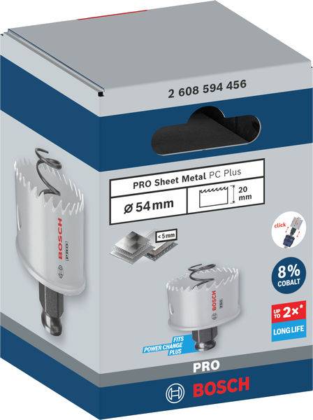 Boschova bimetalová děrovací pila na obalu. Vhodná pro plech, průměr 54 mm, hloubka řezu 20 mm, adaptér Power Change Plus.
