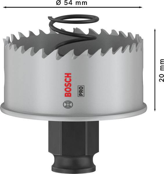Bimetalová děrovka o průměru 54 mm a hloubce 20 mm, s logem Bosch na straně, vhodná pro přesné vrtání do kovu.