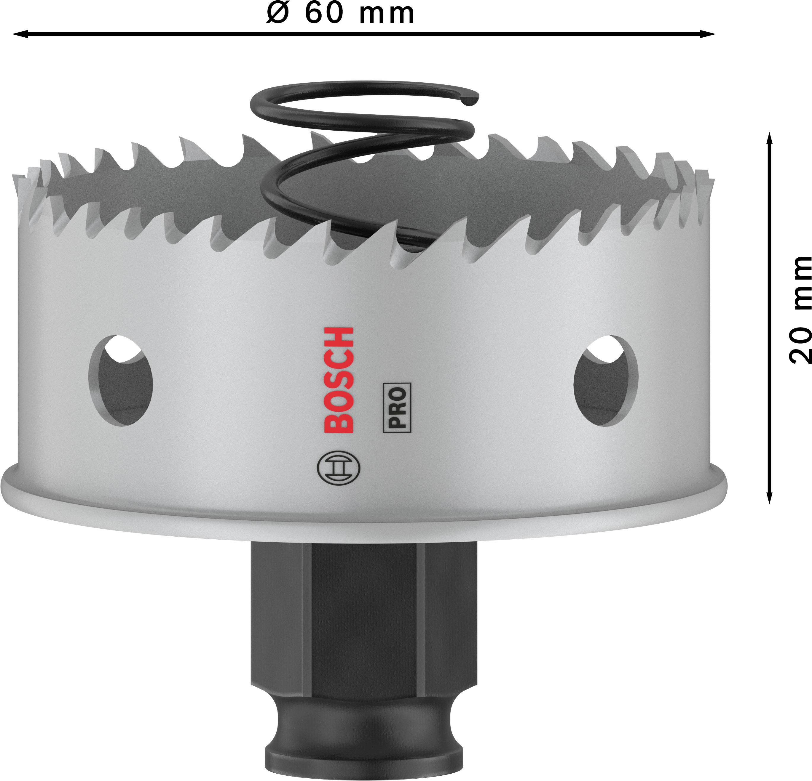 Korunková pila od Bosch s průměrem 60 mm a hloubkou 20 mm, vhodná pro profesionální použití.