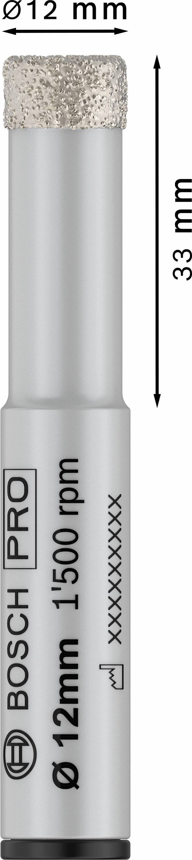 Diamantový vrták Bosch, průměr 12 mm, délka 33 mm, vhodný pro profesionální použití při 1.500 ot/min.