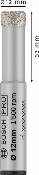 Diamantový vrták Bosch o průměru 12 mm a délce 33 mm, vhodný pro otáčky 1500 ot/min.