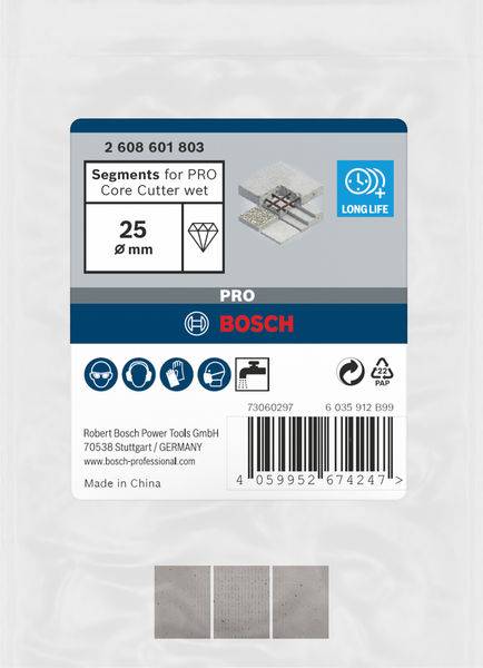 Segmenty PRO pro mokré řezání jádra<br>Průměr: 25 mm<br>Výrobce: Bosch<br>Vyrobeno v Číně