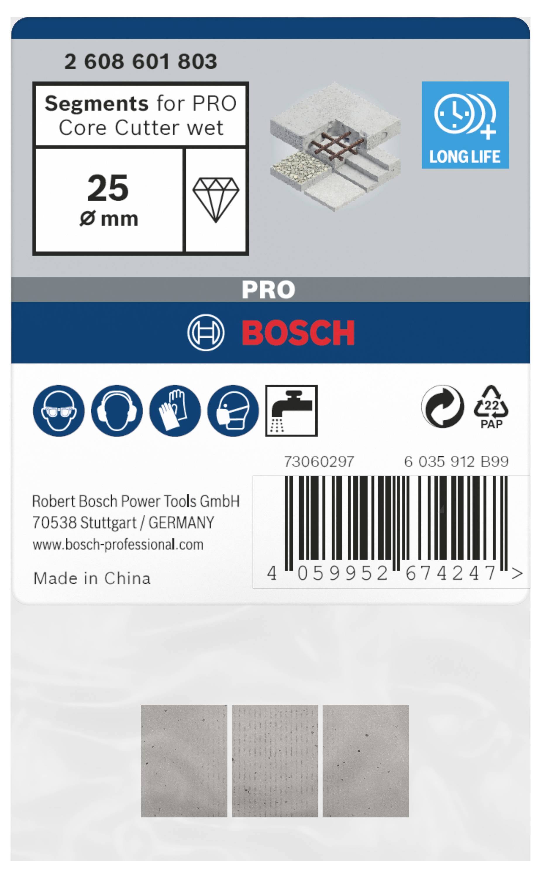 Segmenty 'PRO BOSCH' pro jádrové vrtáky, průměr 25 mm, mokré vrtání, dlouhá životnost. Balení s čárovým kódem a obrázkem produktu.