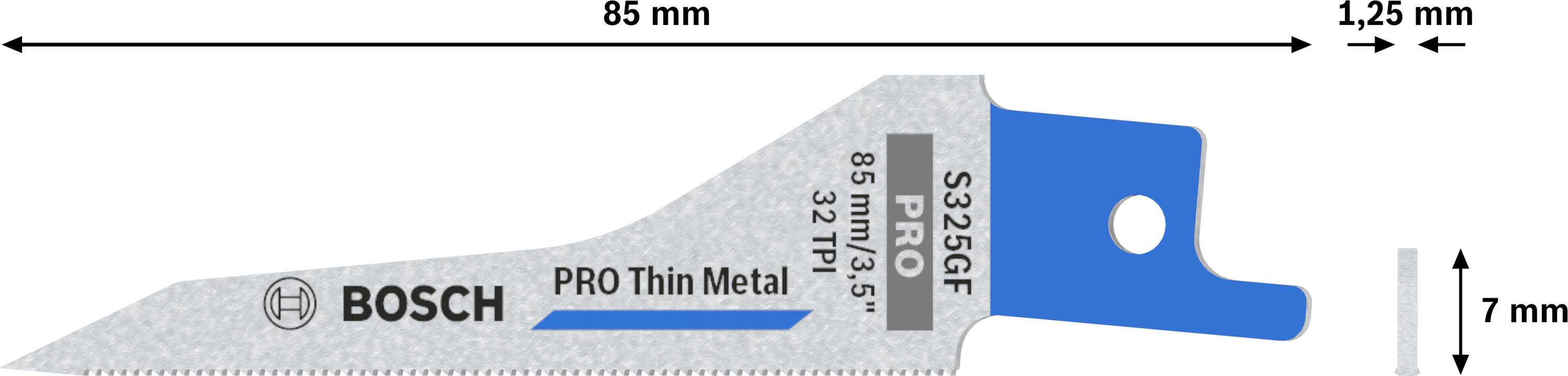 Pilový list na kov, délka 85 mm, šířka 7 mm, tloušťka 1,25 mm. Označený 'Bosch Pro Thin Metal', model S3225GF.