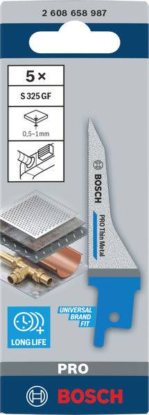 'Bosch pilový list S 325 GF pro tenké kovy, balení 5 kusů, универzální uchycení, dlouhodobě odolný. Vhodný pro kovy o tloušťce 0,5-1 mm.'