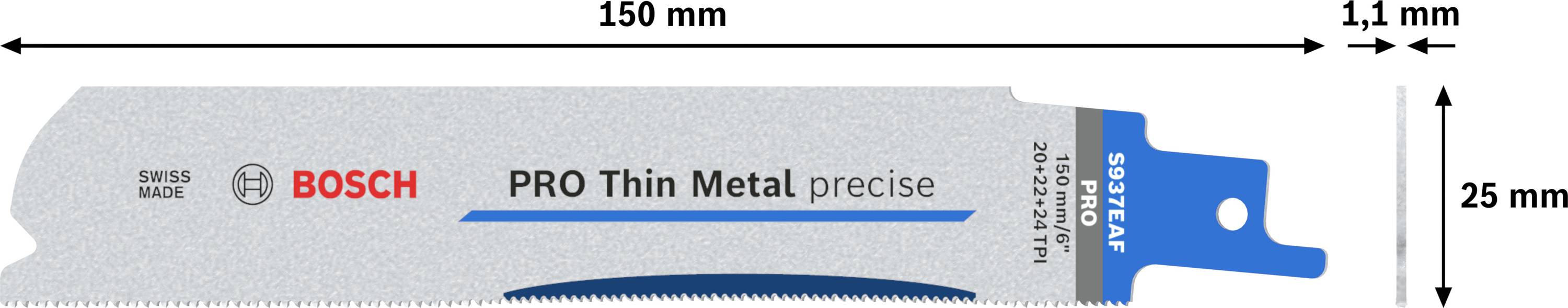 Pilový list 'PRO Thin Metal precise' od Bosch, délka 150 mm, výška 25 mm, tloušťka 1,1 mm, vhodný pro přesné práce s kovem.