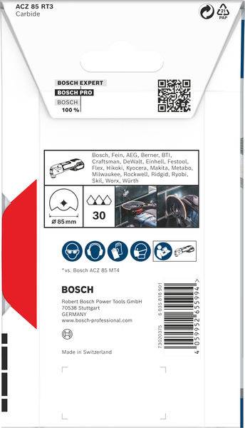 'Bosch Expert' obal na nástroj s technickými detaily: průměr 85 mm, 30 zubů, kompatibilní značky, QR kód a kontaktní informace.