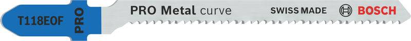 Pilový list na kov, modro-šedé barvy. Opatřený nápisem 'PRO Metal curve', 'Swiss Made' a 'Bosch'.