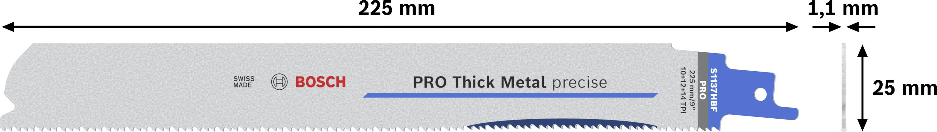 'Bosch PRO Thick Metal precise' pilový list na kov, délka: 225 mm, šířka: 11 mm, výška: 25 mm, s modrým koncovým dílem.