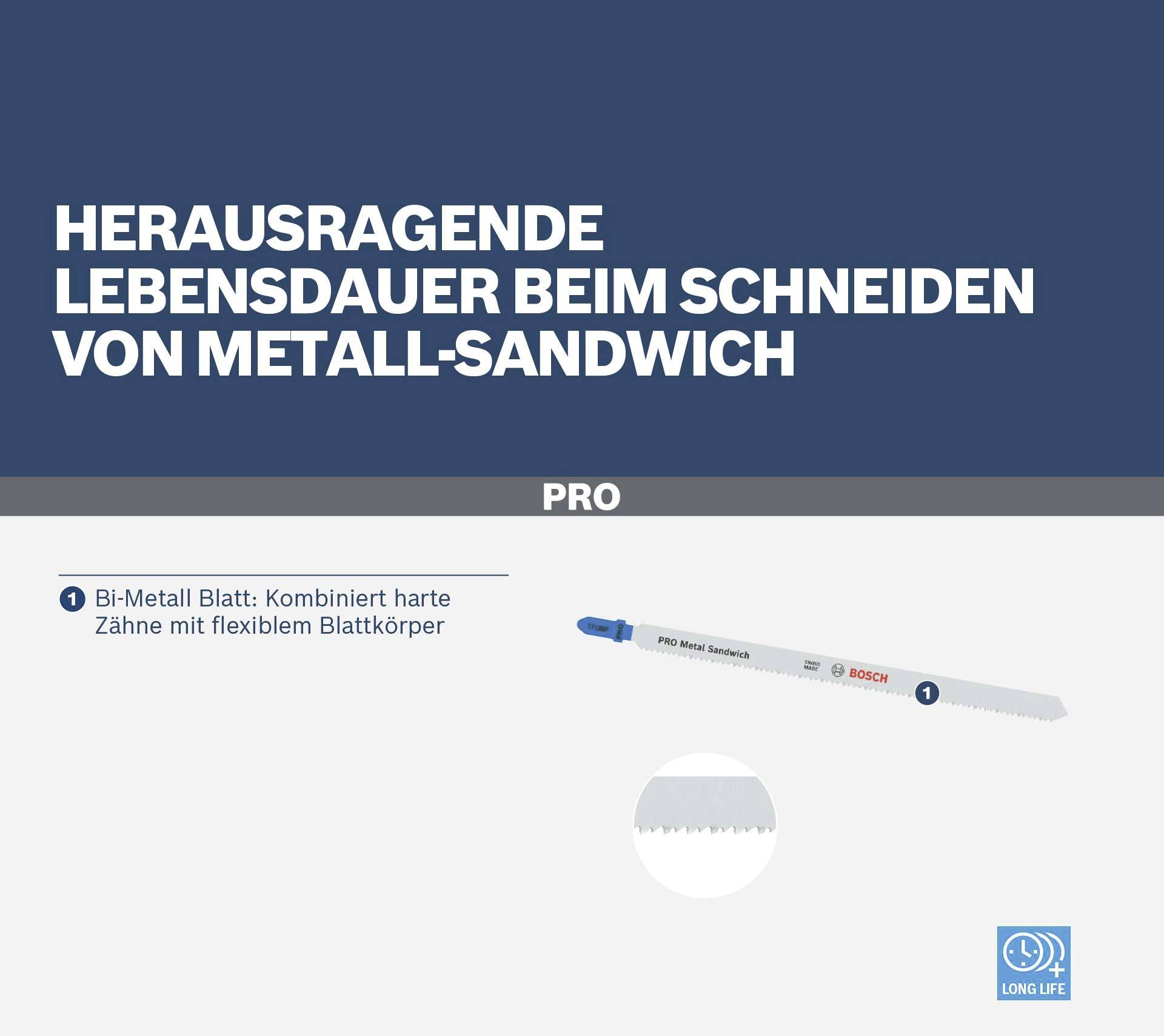 Zdůraznění 'vynikající životnosti při řezání kovových sendvičů' s bimetalovým pilkovým listem. Produktový obrázek pily.