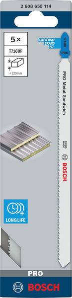 Balení pilového plátku Bosch PRO T718BF na kov. Zobrazuje pilový list a nápis 'LONG LIFE'. Vhodné pro sendvičové materiály.