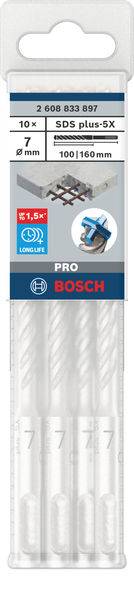 Sada vrtáků Bosch, 10 SDS plus-5X bitů, průměr 7 mm, délka 100/160 mm, modrý obal s logem a znaky dlouhé životnosti.