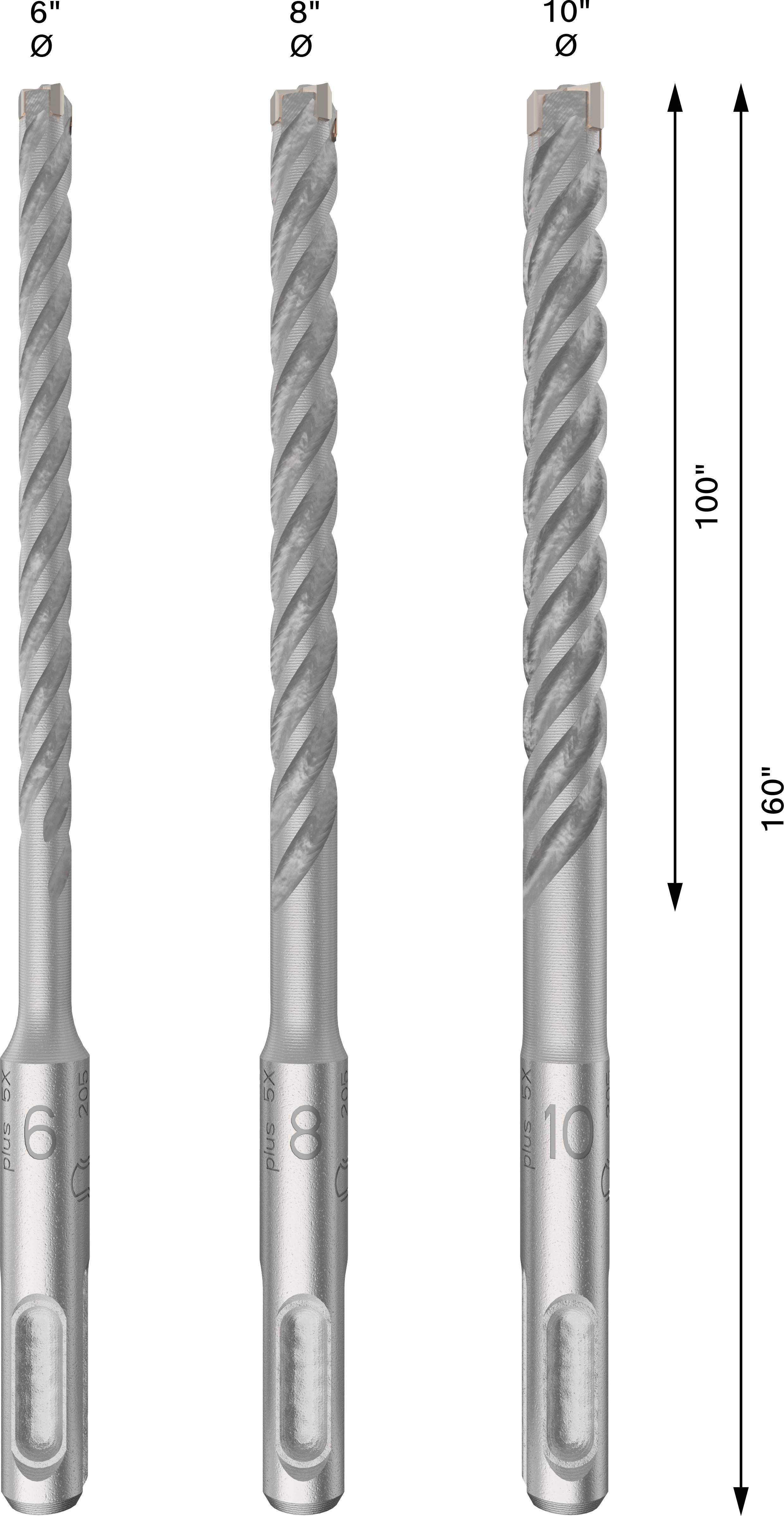 Tři vrtáky s různými délkami a průměry. Označené 6", 8" a 10". Každý v šedé barvě se spirálovým vzorem.
